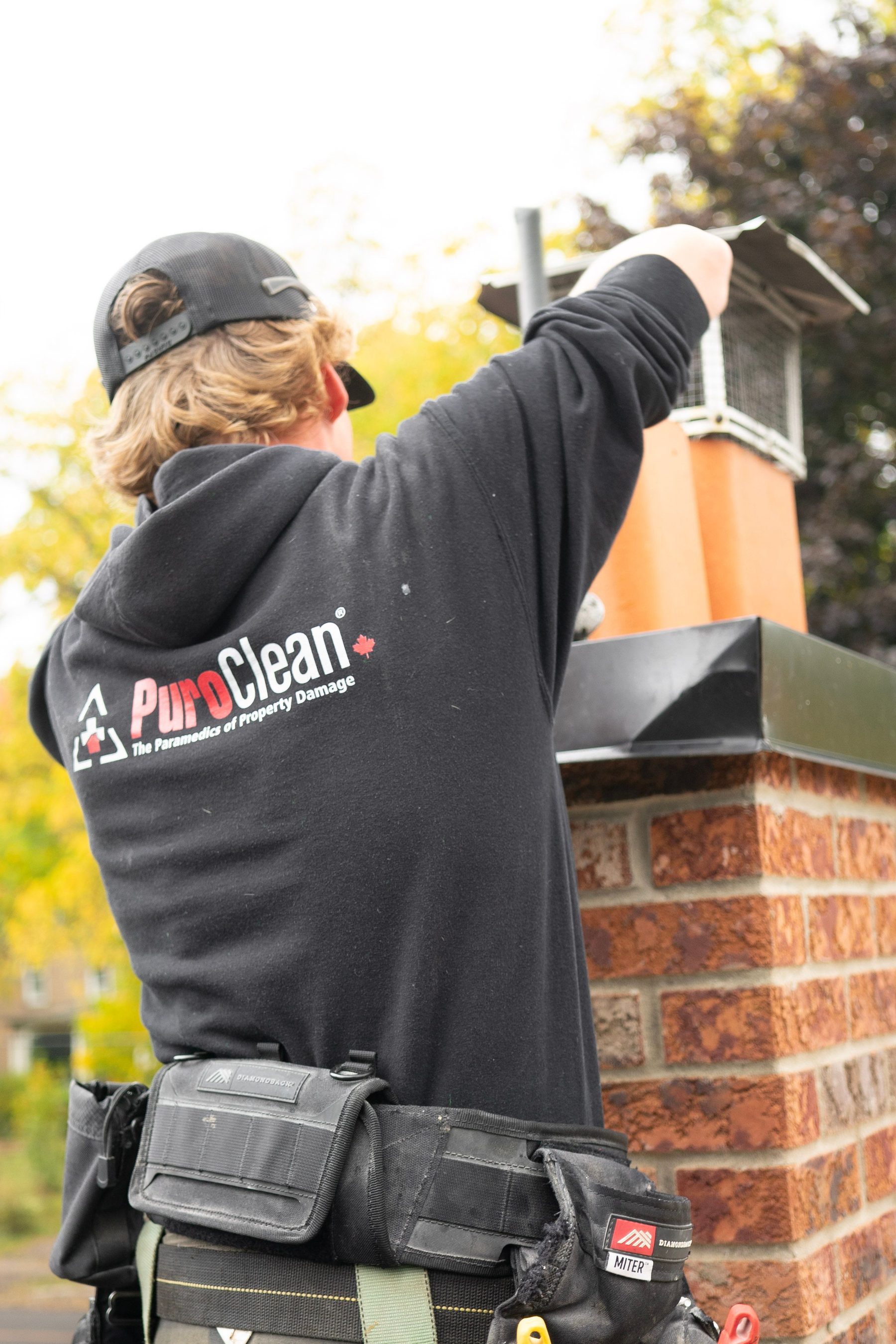 Roof and chimney cleaning in progress